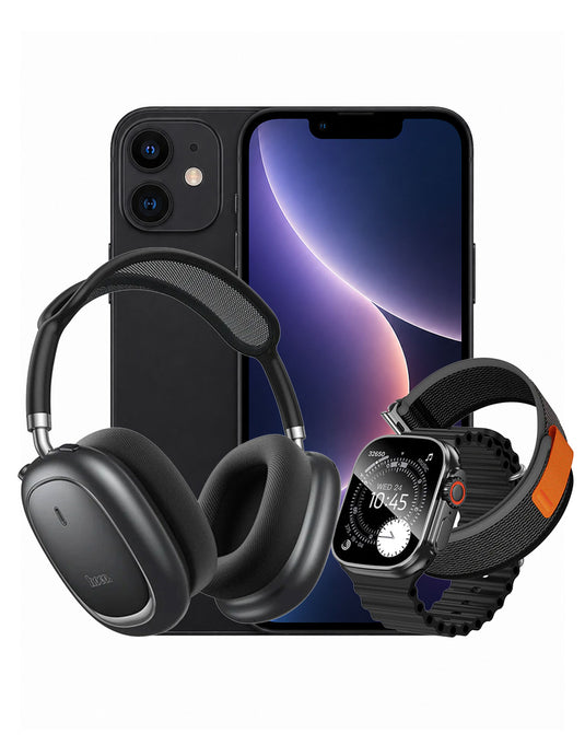 Apple iPhone 11 64GB 4G Battery 100% - Black (Good-Refurbished) + Smart Watch (Y42 Ultra) 2 Straps + Bluetooth Headset (W68) (Bundle Deal)