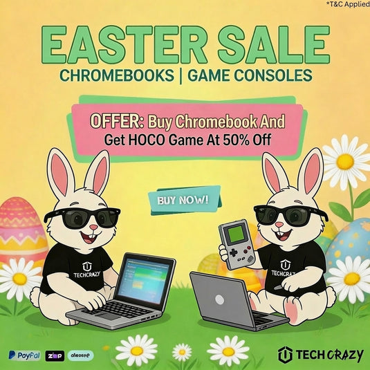 Easter sale advertisement with cartoon bunnies using technology and promotional text on a colorful background.