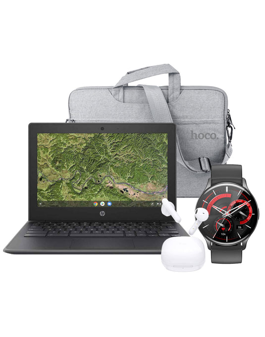 HP 11A G8EE (2020) 11.6-inch AMD A4 4GB 32GB Education Chromebook (Good-Pre-Owned) + Hoco Laptop Bag 14-inch + Hoco Smart Watch (Y15) + TCL Move S150 Wireless Earbuds  (Bundle Deal)