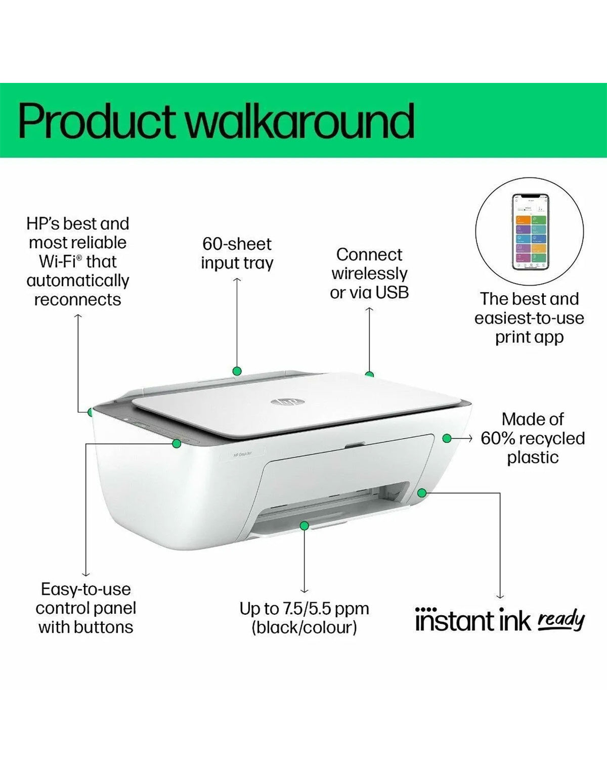 HP DeskJet 2820e All-in One Printer Instant Ink Enabled - White