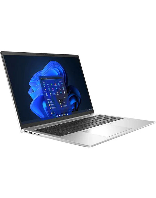A silver laptop with a black keyboard and screen, displaying the Windows 11 desktop on a clean white background.
