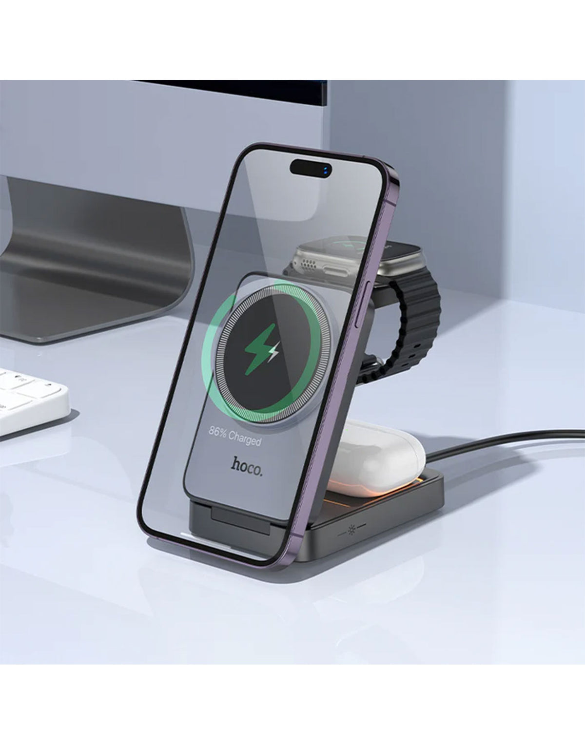 Hoco 15W 3-in-1 Magnetic Wireless Fast Charger w/ Foldable Compact Design, Ambient Light (CQ21)