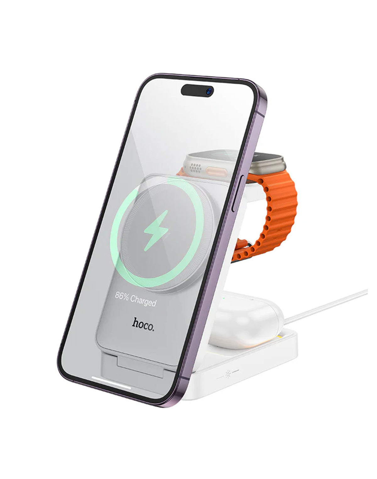 Hoco 15W 3-in-1 Magnetic Wireless Fast Charger w/ Foldable Compact Design, Ambient Light (CQ21)