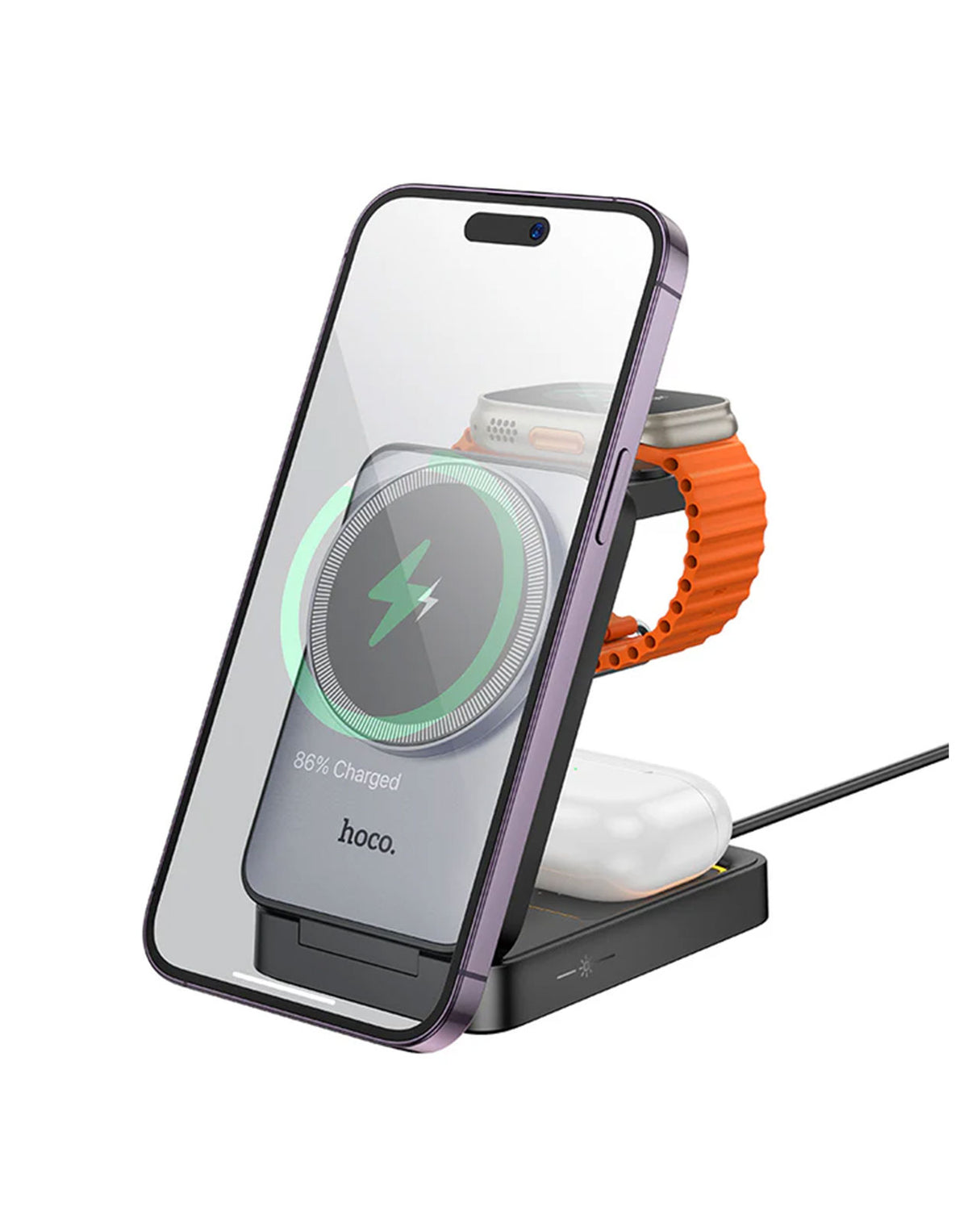 Hoco 15W 3-in-1 Magnetic Wireless Fast Charger w/ Foldable Compact Design, Ambient Light (CQ21)