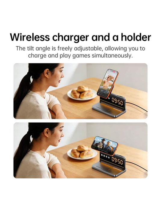 Hoco 15W 4-in-1 Magnetic Wireless Fast Charger, With Alarm Clock, Ambient Lighting, Compact Foldable Design (DWQ03)