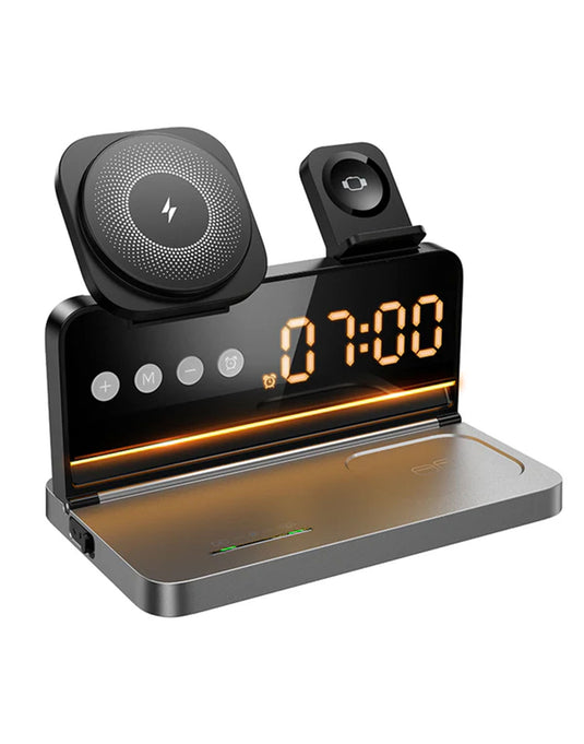 Hoco 15W 4-in-1 Magnetic Wireless Fast Charger, With Alarm Clock, Ambient Lighting, Compact Foldable Design (DWQ03)