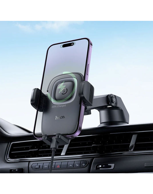 Hoco 15W Wireless Charging Phone Holder for Windshield / Dashboard (HW32) - Black (Brand New)