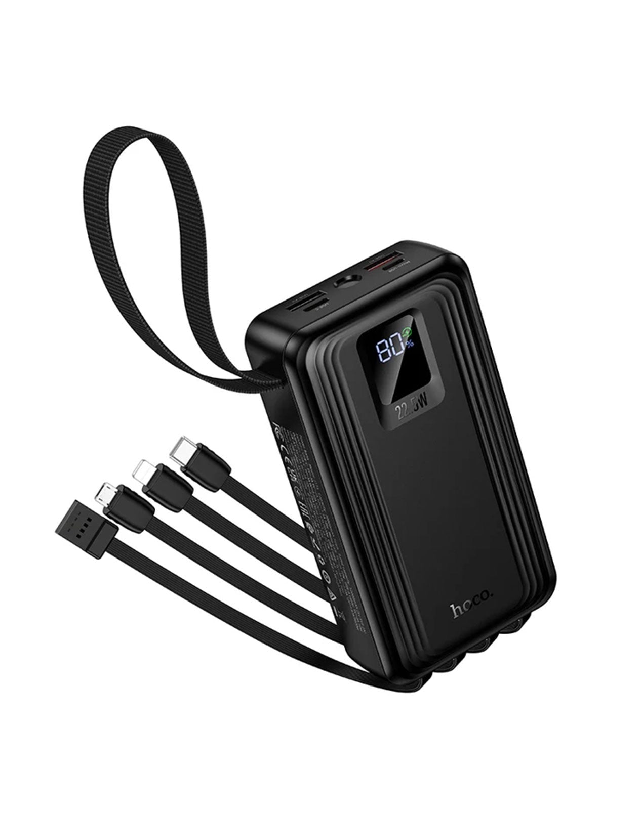 Hoco 22.5W PD+QC Power Bank with 4 Built-in Cables, Digital Display, 2x LED Lights (20000mAh) (J173) - Black