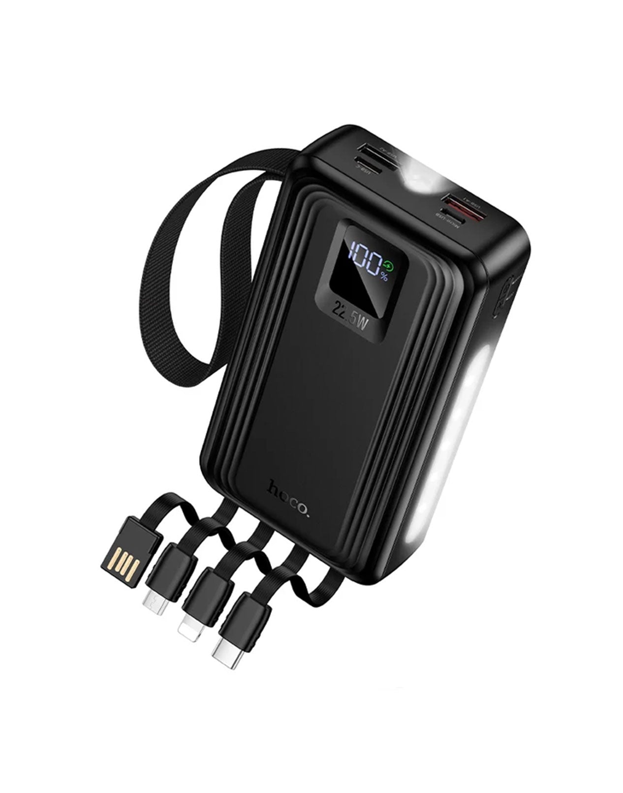 Hoco 22.5W PD+QC Power Bank with 4 Built-in Cables, Digital Display, 2x LED Lights (20000mAh) (J173) - Black