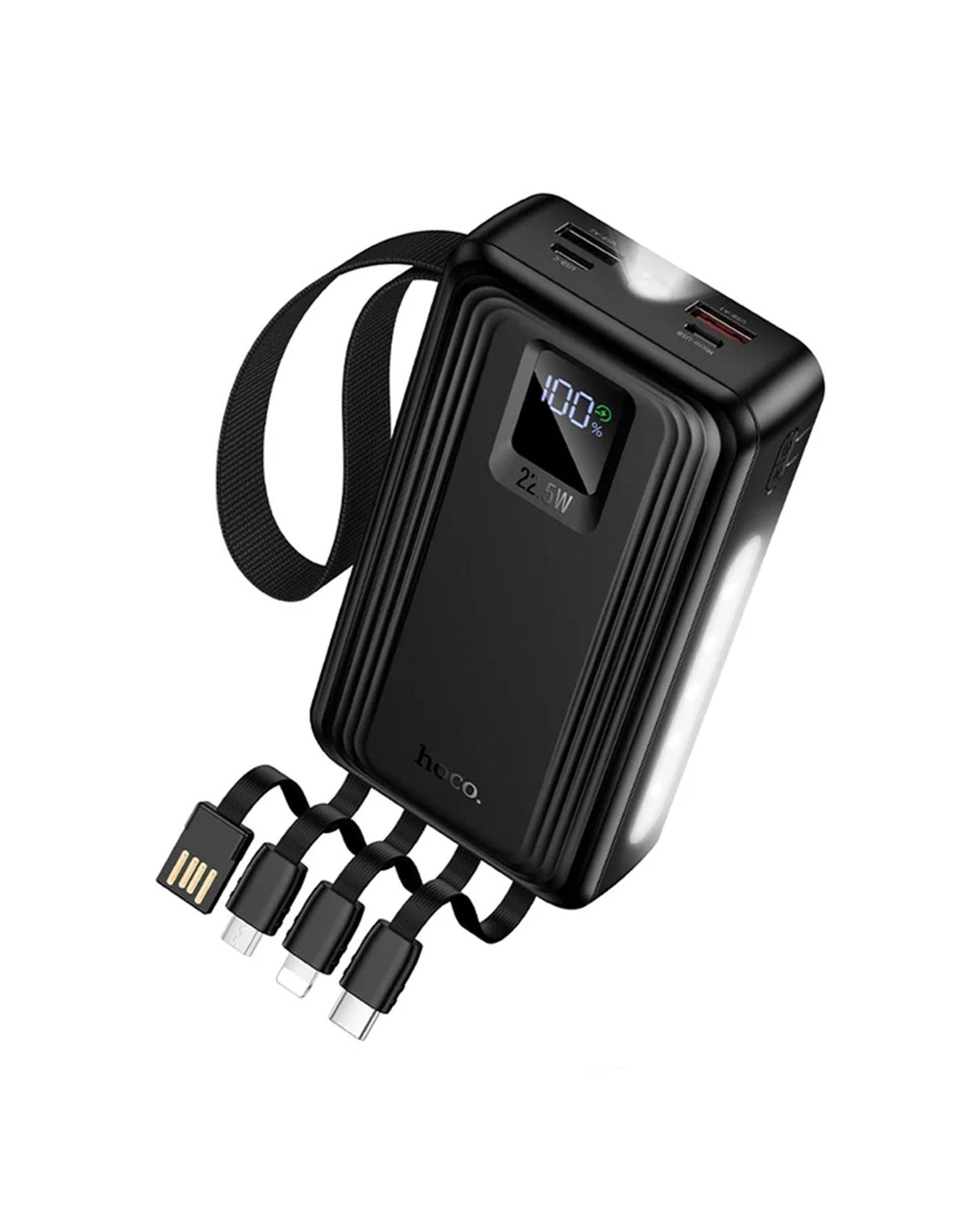 Hoco 22.5W PD+QC Power Bank with 4 Built-in Cables, Digital Display, 2x LED Lights (20000mAh) (J173) - Black