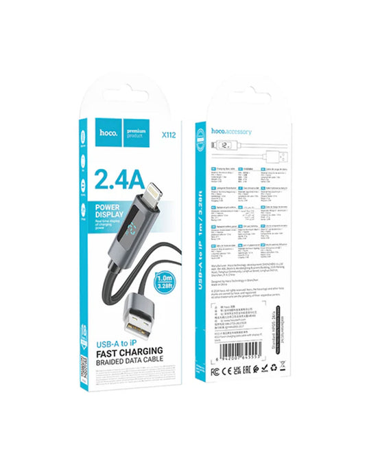 Hoco 2.4A Lightning to USB A Fast Charging Nylon Braided Cable with LED Power Display