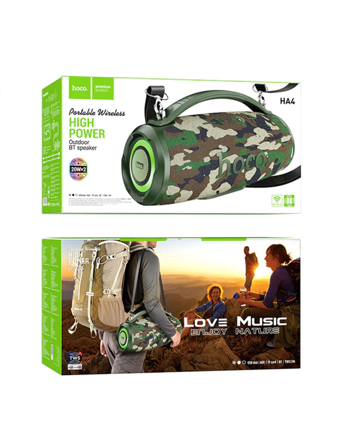 Hoco 40W High Power Bluetooth Speaker w/ FM, USB, MicroSD, Aux Multi Inputs (HA4) - Camo Green