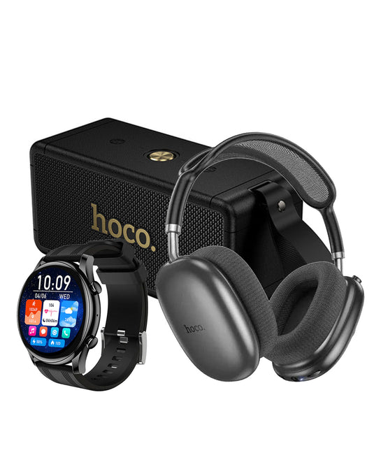 Hoco 40W Premium Bluetooth Portable Speaker (HT1 Max) - Black + Bluetooth Headset W55 Plus + Smart Sports Watch (Y38) (Bundle Deal)