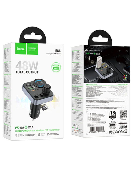 Hoco 48W FM Car Kit with PD+QC, LED Display, MicroSD Card Input (E86)