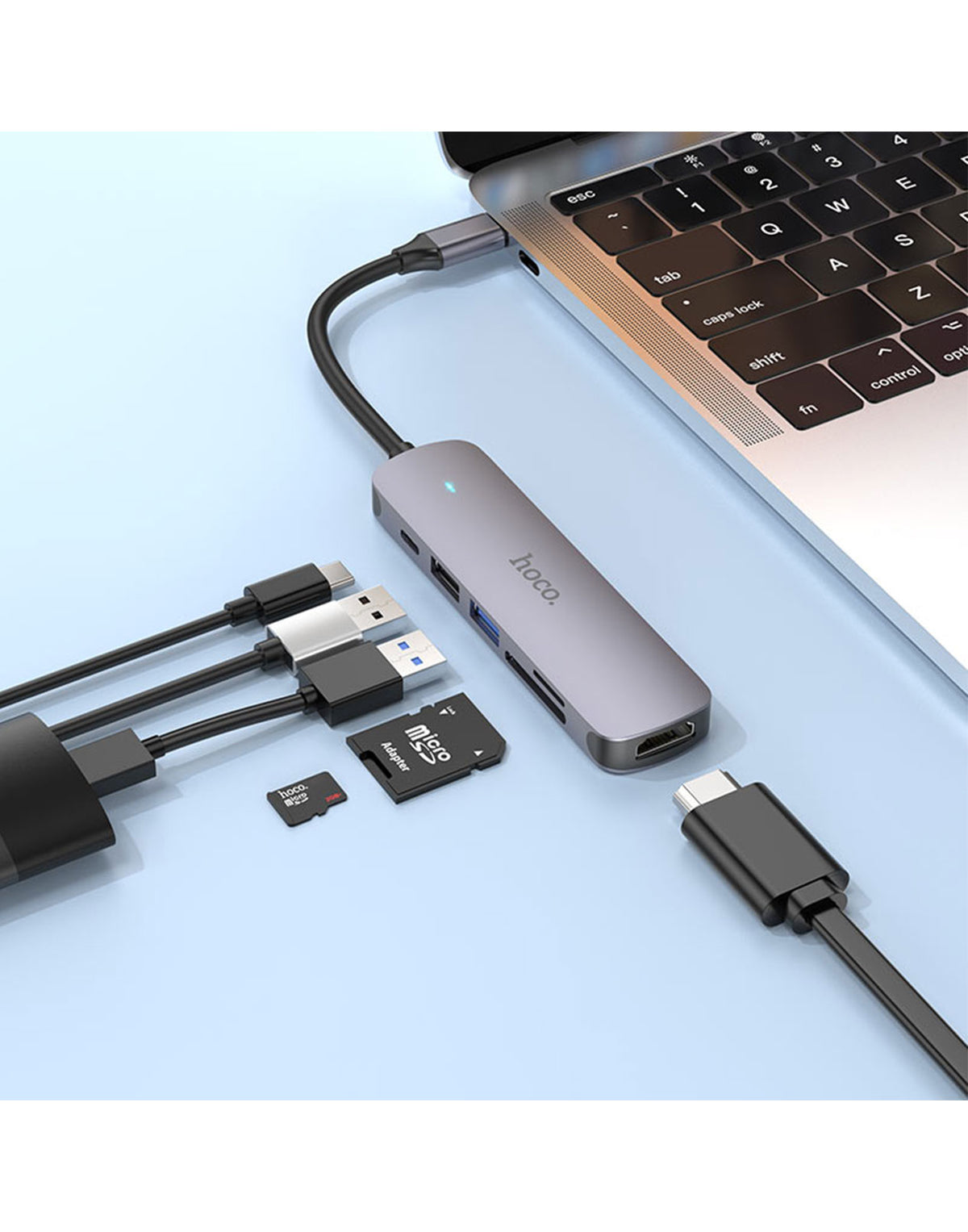 Hoco 6 in 1 Multi Function Hub - HDMI, Card Reader, USB-C,USB-A 2.0/3.0 (HB28) - Silver