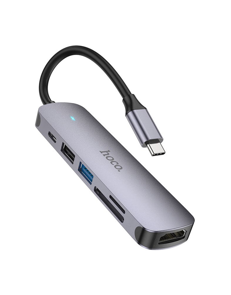 Hoco 6 in 1 Multi Function Hub - HDMI, Card Reader, USB-C,USB-A 2.0/3.0 (HB28) - Silver