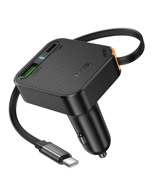 Hoco 60W 3 Outputs PD+QC Super Fast Car Charger w/ Retractable Type C Cable (NZ18)