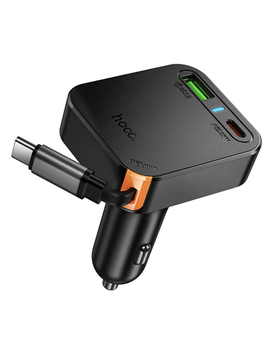 Hoco 60W 3 Outputs PD+QC Super Fast Car Charger w/ Retractable Type C Cable (NZ18)