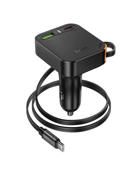 Hoco 60W 3 Outputs PD+QC Super Fast Car Charger w/ Retractable Type C Cable (NZ18)
