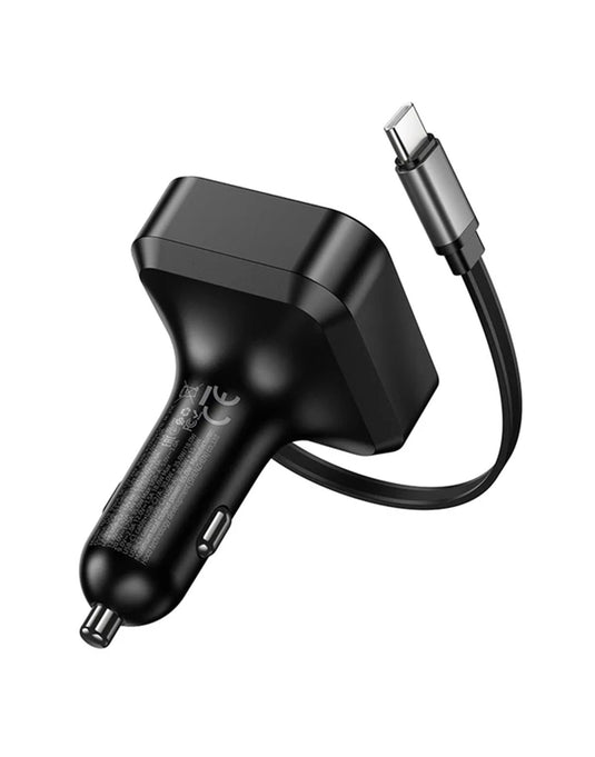 Hoco 60W 3 Outputs PD+QC Super Fast Car Charger w/ Retractable Type C Cable (NZ18)