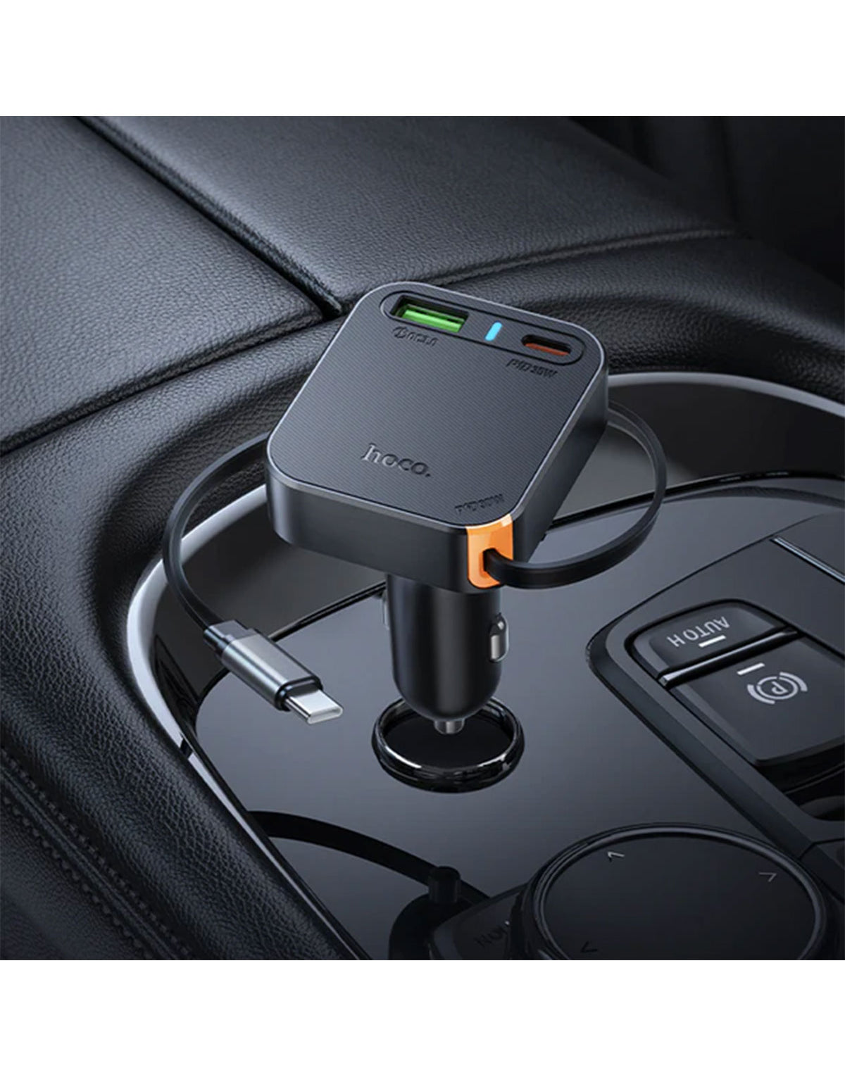Hoco 60W 3 Outputs PD+QC Super Fast Car Charger w/ Retractable Type C Cable (NZ18)
