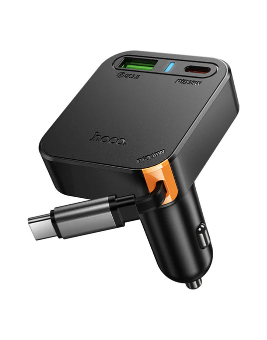 Hoco 60W 3 Outputs PD+QC Super Fast Car Charger w/ Retractable Type C Cable (NZ18)