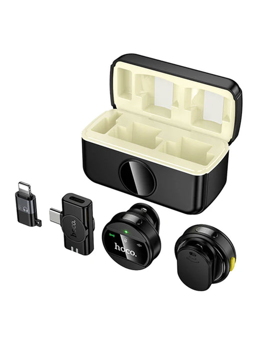 Hoco Dual Wireless Digital Microphone w/ USB-C Connector + Lightning Adaptor, ENC Noise Cancellation, Magnetic Lapel (L22) - Black