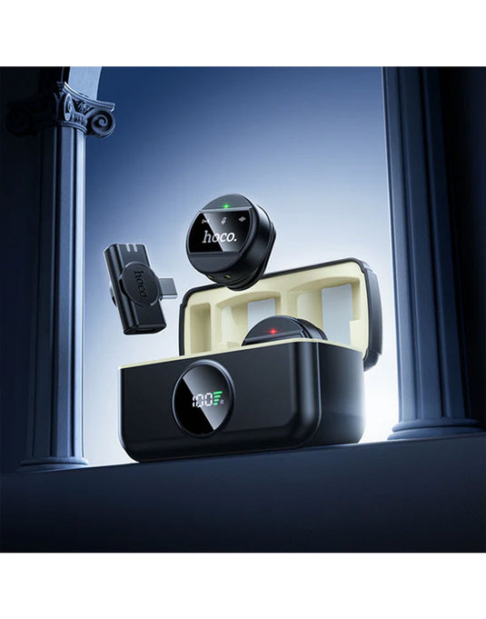 Hoco Dual Wireless Digital Microphone w/ USB-C Connector + Lightning Adaptor, ENC Noise Cancellation, Magnetic Lapel (L22) - Black