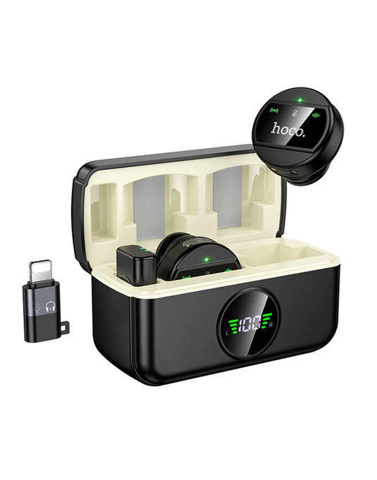 Hoco Dual Wireless Digital Microphone w/ USB-C Connector + Lightning Adaptor, ENC Noise Cancellation, Magnetic Lapel (L22) - Black