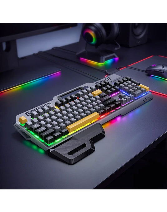 Hoco Ergonomic Wired Gaming Keyboard With RGB Rainbow Light, 6-Key Anti-Ghosting, Integrated Wrist Rest (GM702)