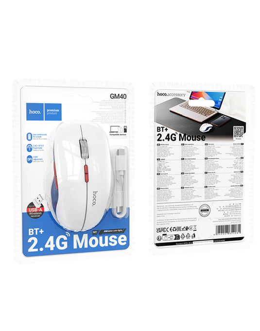 Hoco Ergonomic Wireless Mouse with Nano Receiver, LED Light, Dual Mode 2.4G + Bluetooth, Multi-Function Buttons (GM40) -White