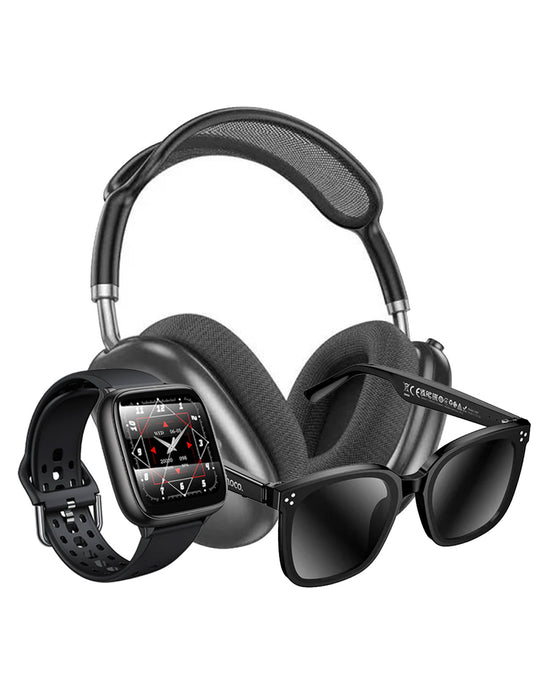 Hoco Premium Bluetooth Headset (W55 Plus) - Black (Brand New) + Hoco Wireless Audio Sunglasses (DI87) + Smart Sports Watch (Y36) (Bundle Deal)