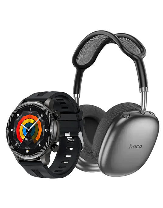 Hoco Smart Sports Watch With Calling Feature (Y31) - Black (Brand New) + Bluetooth Headset W55 Plus (Bundle Deal)