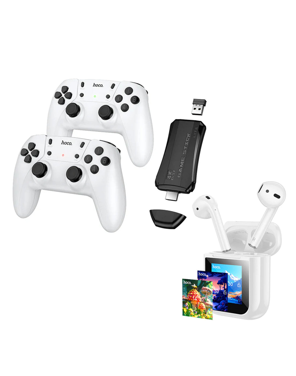 Hoco TV / PC Game Stick With 2x Wireless Controller, 20000 Classic Games Included (GA31) - White (Brand New) + TWS Bluetooth Earbud (EW80) (Bundle Deal)
