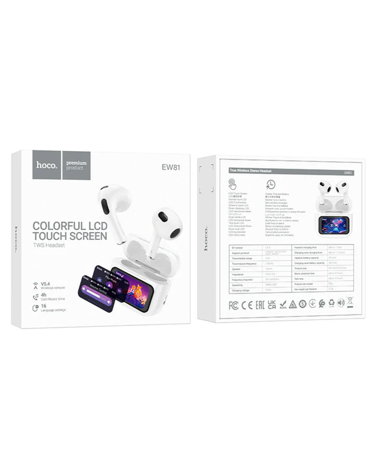 Hoco TWS Bluetooth Earbuds LCD Touch Screen (EW81) - White