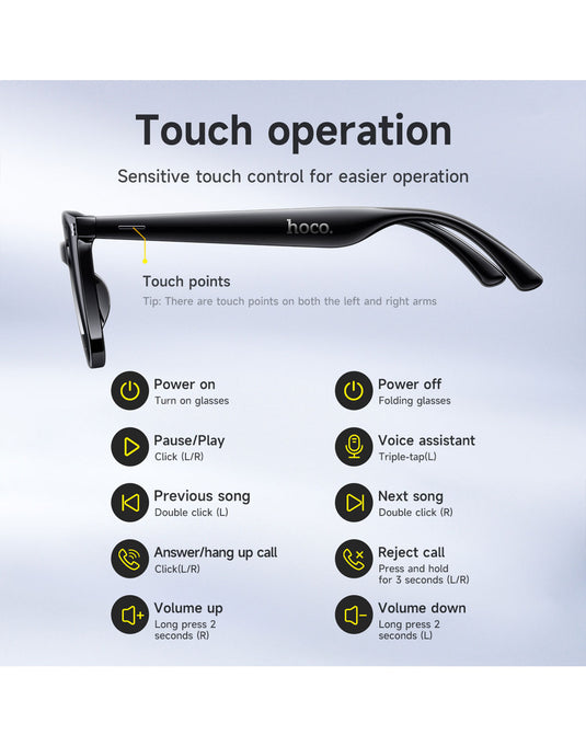 Hoco Wireless Air Conduction Audio Sunglasses with Music Playback, 6 Hours Playtime (DI87 Max) - Black
