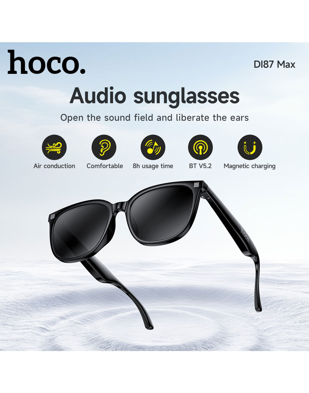 Hoco Wireless Air Conduction Audio Sunglasses with Music Playback, 6 Hours Playtime (DI87 Max) - Black