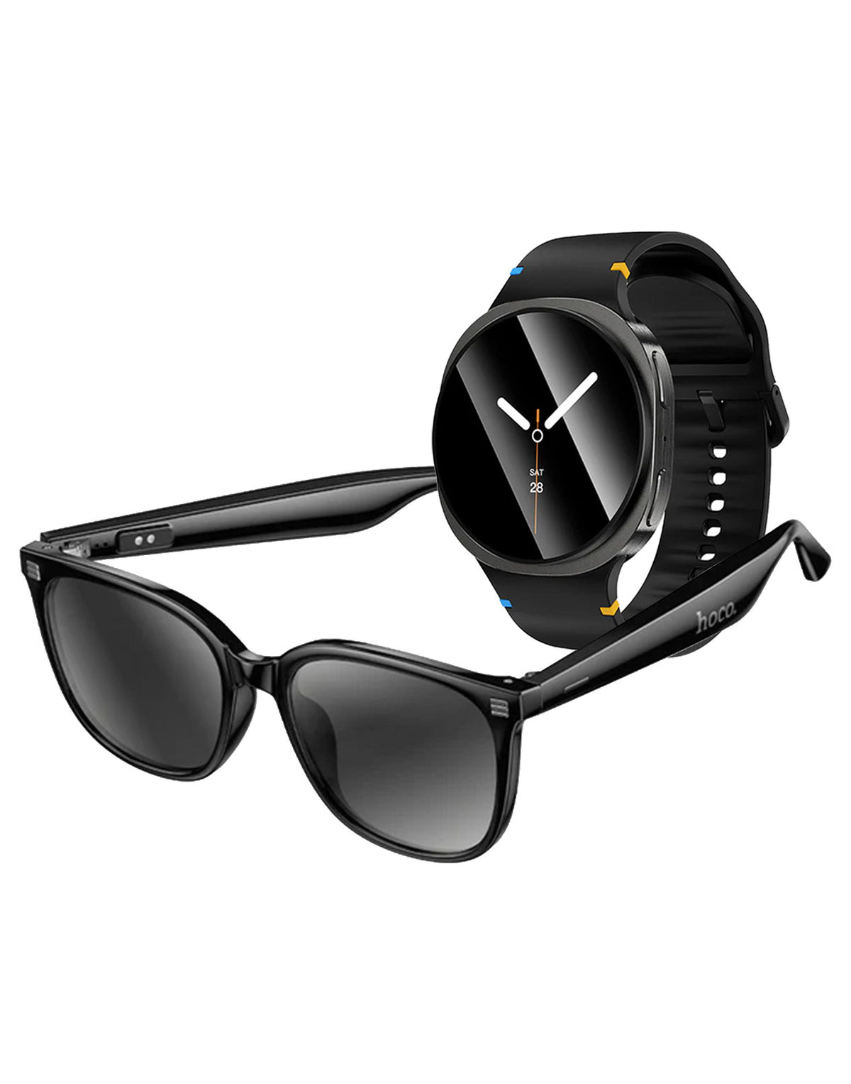 Hoco Wireless Air Conduction Audio Sunglasses with Music Playback, 6 Hours Playtime (DI87 Max) - Black + Smart Watch (Y43) (Bundle Deal)