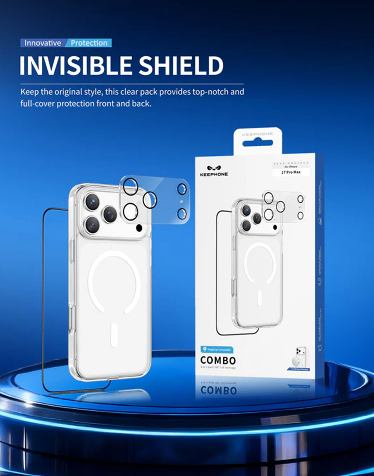 Keephone Combo 3-in-1 Ultimate Protection Kit | Anti-Yellowing MagSafe Clear Case, Screen Protector & Lens Guard For Apple iPhone 17 Pro Max - Clear