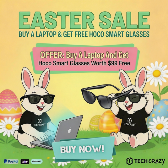 Easter sale advertisement with cartoon bunnies using laptops and smart glasses, featuring TechCrazy branding.