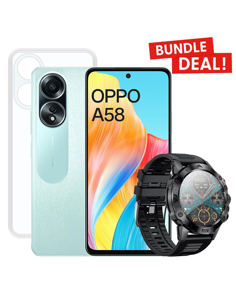 Oppo A58 (2023) 6GB 128GB 4G Dual Sim Smartphone (Brand New) & Hoco Smart Watch + Free TPU Case (Bundle Deal)