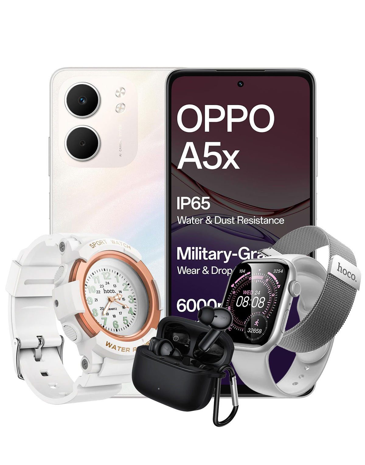 Oppo A5X 4GB 128GB 4G - Laser White (Brand New) + Kids Quartz Watch (E112) + TWS Earbuds (EQ30) + Smart Watch (Y42) 2 Straps (Bundle Deal)