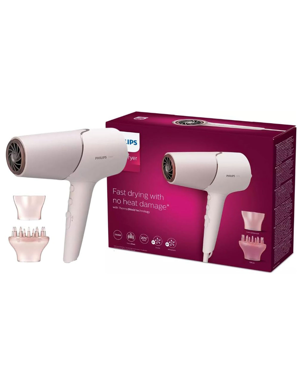 Phillips 5000 Series Hair Dryer, ThermoShield Hair Protection Sensor, Travel Foldable Handle - Baby Pink