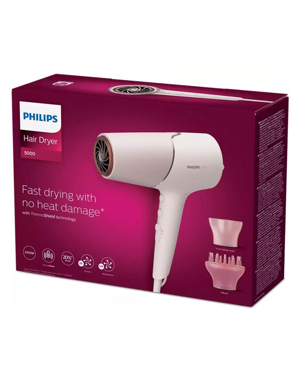 Phillips 5000 Series Hair Dryer, ThermoShield Hair Protection Sensor, Travel Foldable Handle - Baby Pink