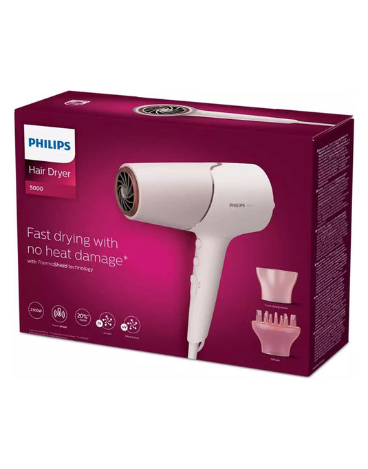 Phillips 5000 Series Hair Dryer, ThermoShield Hair Protection Sensor, Travel Foldable Handle - Baby Pink
