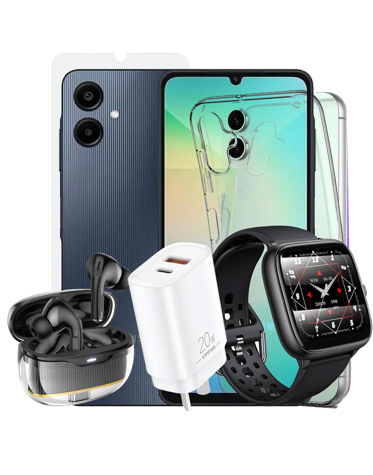 Samsung Galaxy A06 (2024) 4GB 64GB 4G Dual Sim (Brand New) + TWS Bluetooth Earbuds (EW54) + Smart Sports Watch (Y36) +  Shockproof Case + Tempered + VFan Charger (AU6) (Bundle Deal)