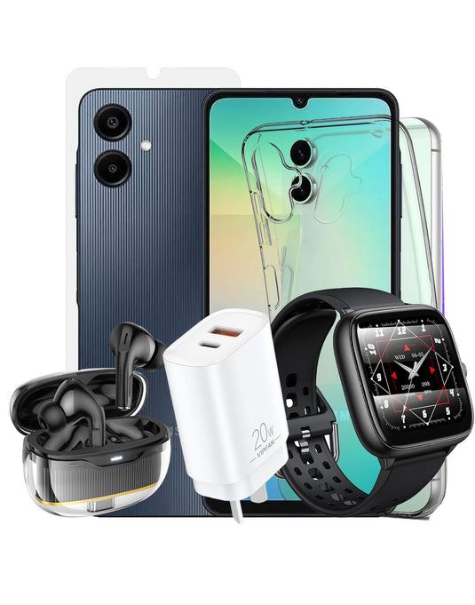 Samsung Galaxy A06 (2024) 4GB 64GB 4G Dual Sim (Brand New) + TWS Bluetooth Earbuds (EW54) + Smart Sports Watch (Y36) +  Shockproof Case + Tempered + VFan Charger (AU6) (Bundle Deal)