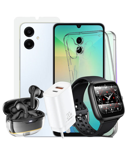 Samsung Galaxy A06 (2024) 4GB 64GB 4G Dual Sim (Brand New) + TWS Bluetooth Earbuds (EW54) + Smart Sports Watch (Y36) + Shockproof Case + Tempered + VFan Charger (AU6) (Bundle Deal)