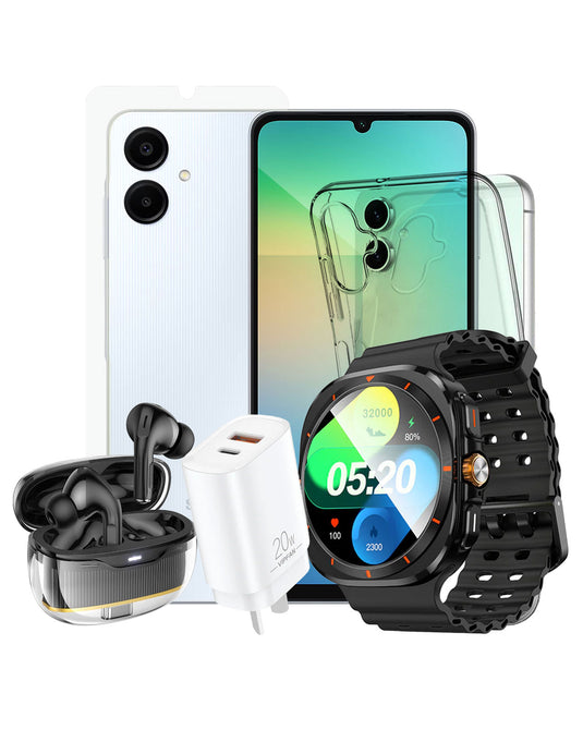 Samsung Galaxy A06 (2024) 4GB 64GB 4G Dual Sim (Brand New) + TWS Bluetooth Earbuds (EW54) + Smart Sports Watch (Y29) + Shockproof Case + Tempered + VFan Charger (AU6) (Bundle Deal)
