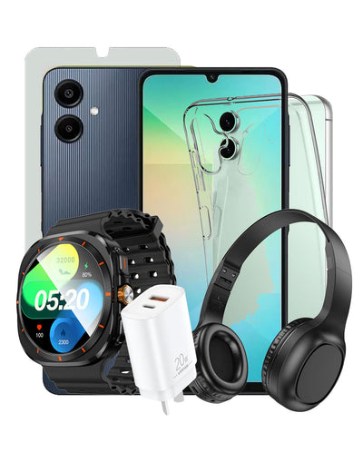 Samsung Galaxy A06 (2024) 4GB 64GB 4G Dual Sim (Brand New) + Bluetooth Headset W46 + Smart Sports Watch (Y29) +  Shockproof Case + Tempered + VFan Charger (AU6) (Bundle Deal)